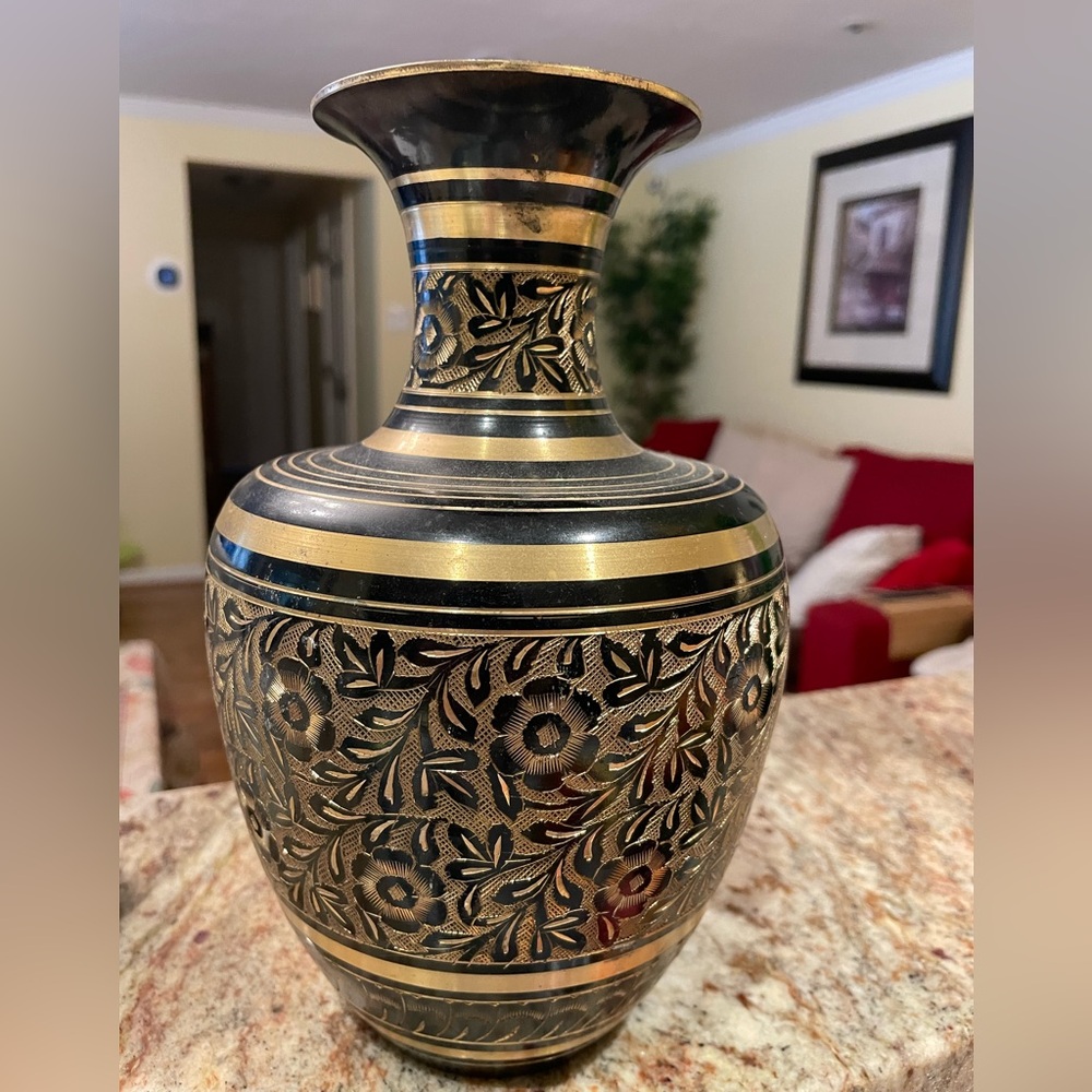 Metal Black Gold Flowers Engraved DECORATIVE VASE Metalware Boho Vintage..
